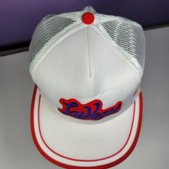 Vintage YoungAn LAS VEGAS Snap Back Mesh Trucker Hat Cap 3-Stripe White / Red - Picture 4 of 10